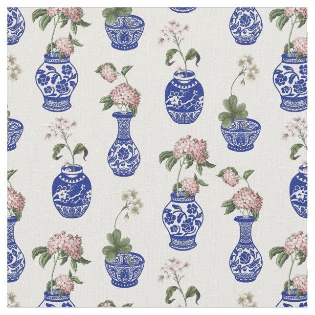 Tela Flores y jarrones azules de chinoiserie (De cerca)