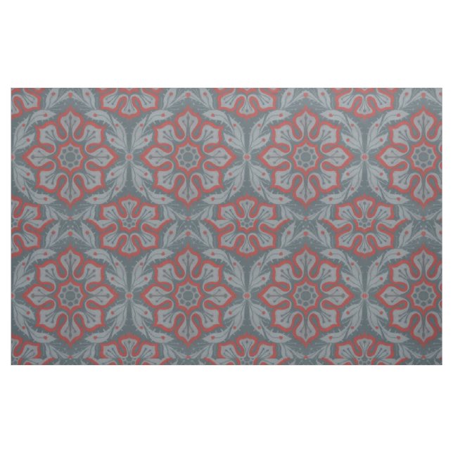 Tela "Flores y laureles", de estilo arabesco, gris, roj ("Cuarto gordo" (fat quarter))