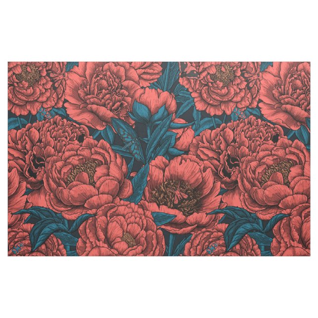 Tela Flores y polillas de peonía roja ("Cuarto gordo" (fat quarter))