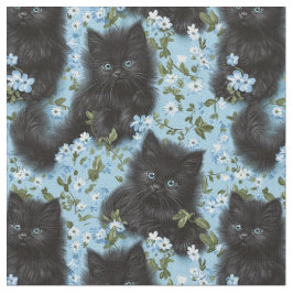 Tela Fluffy Black Kittens & Flowers Seamless Pattern