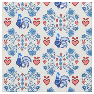 Tela Folklore/Cockerel/azul/rojo floral, corazones 4"