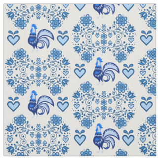 Tela Folklore/Cockerel/floral azul, corazones 4"