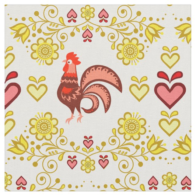 Tela Folklore/Oro de gallo/floral, corazones/4" (De cerca)