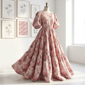 Tela French Toile de Jouy Pink Floral Rococo Rose Theme