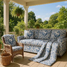 Tela French Toile Landscape Island Blue White Vintage 