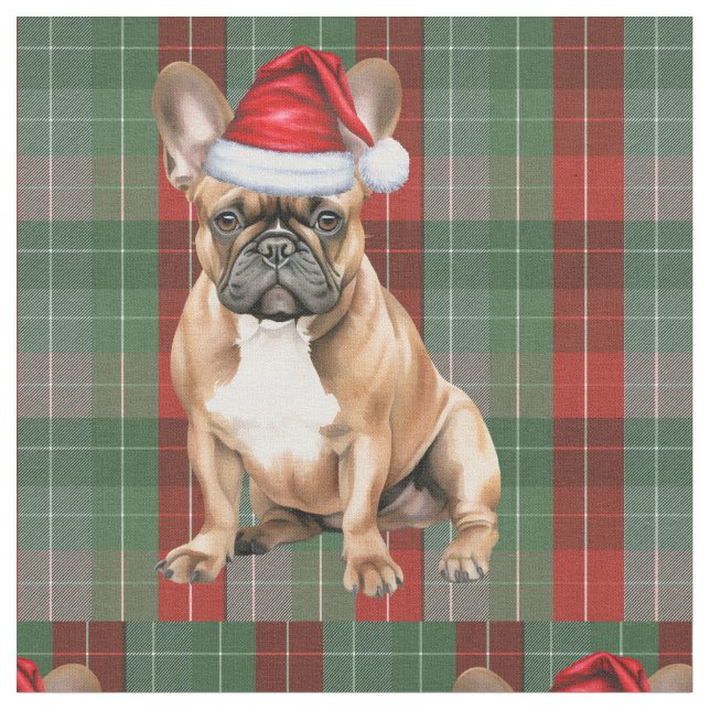 Tela Frenchie Dog with a Red Green Plaid Holiday Fabric (De cerca)
