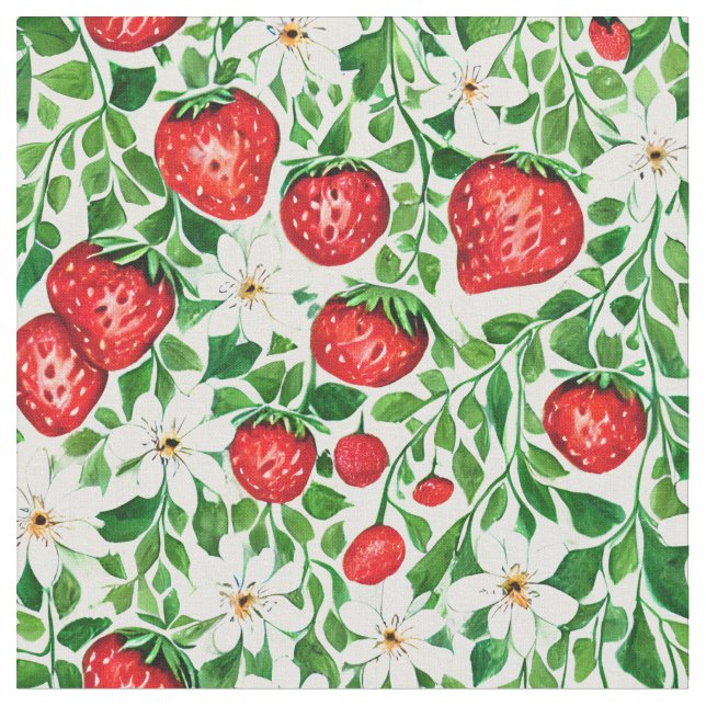 Tela Fresas rojas y flores blancas (De cerca)