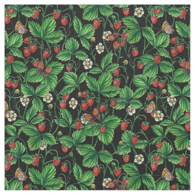 Tela Fresas silvestres en negro (De cerca)