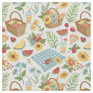 Tela Frutas de Verano & Girasoles - Patrón de Picnic en