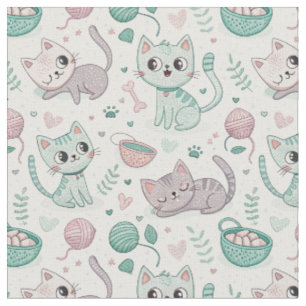 Tela Gatitos juguetones y huellas - Arte de patrón de g