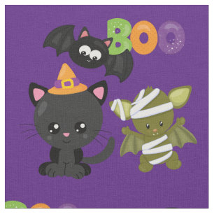Tela Gato de Halloween, bote de murciélagos y momias