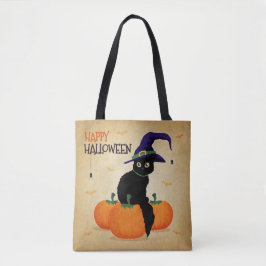 Tela Gato de Halloween vintage y calabazas | Bolso de t