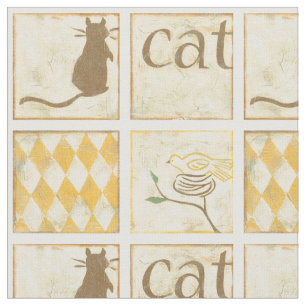 Tela Gato marrón y pájaro amarillo por Chariklia Zarris