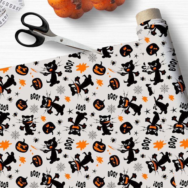 Tela Gatos, arañas y calabazas negros brumosos de Hallo (Cute Halloween fabric with black cats, spiders and pumpkins.)
