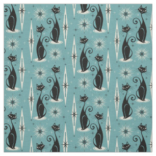 Tela Gatos atómicos retro en azul a mediados de siglo