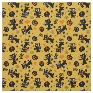 Tela Gatos de Halloween negros gruñidos y calabazas esp