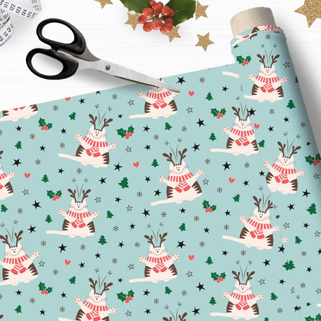 Tela Gatos de Navidades felices - Navidad (A beautiful Christmas fabric with cute, happy cats with antlers, stars and winter berries.)