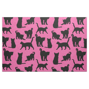 Tela Gatos negros en un patrón de fondo rosado