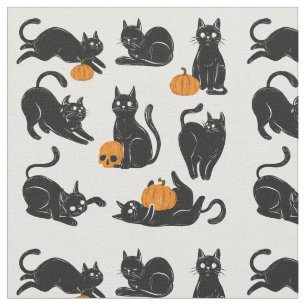 Tela Gatos negros, Halloween, calabazas y cráneos