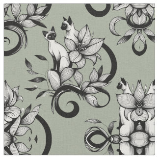 Tela Gatos siameses elegantes ilustración floral vintag