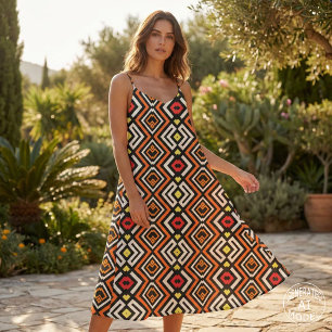 Tela Geométrico Azteca Tribal Moderno Naranja Negro Bla