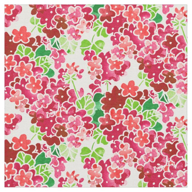 Tela Geranios rosados y estampado de flores rojo (De cerca)