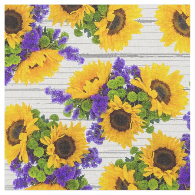 Tela Girasol amarillo púrpura de madera blanco rústico (De cerca)