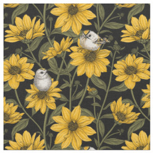Tela girasoles silvestres y pájaros dorados/ amarillos