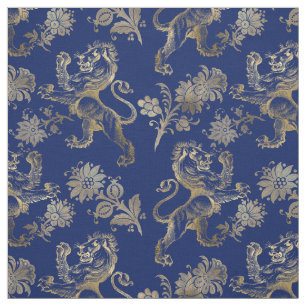 Tela Glam Gold Leones Flores Marina Azul Gráfico