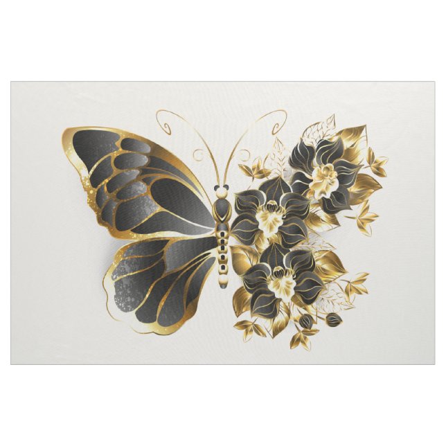 Tela Gold Flower Butterfly with Black Orchid (Yarda)