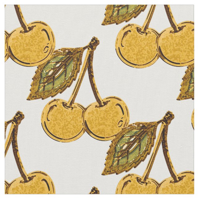 Tela Golden Metallic Cherries Pattern (De cerca)