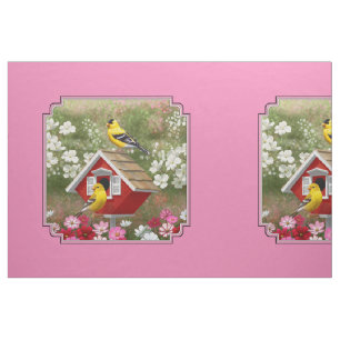 Tela Goldfinches & Red Birhouse Pink Pillow Size