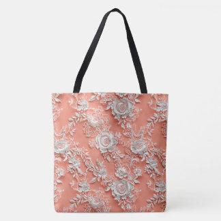 Tela Gran Bolso de Hombro de Encaje Floral Coral