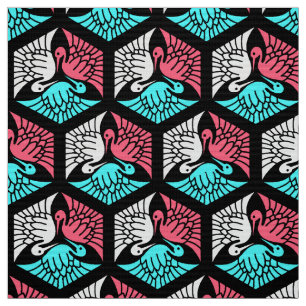 Tela Gránas japonesas, coral, turquesa y negro