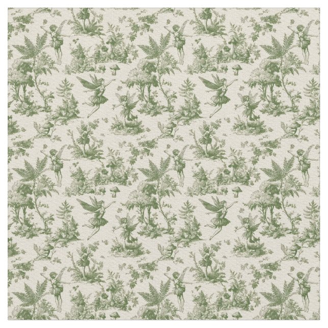 Tela Green Forest fairies Toile de Jouy Pattern (De cerca)