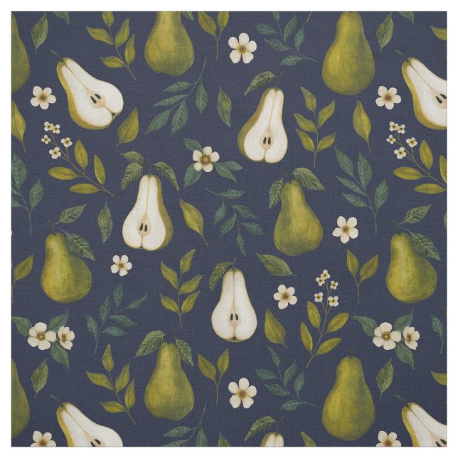 Tela Green Pear Watercolor Pattern on Dark Blue  (Retal)