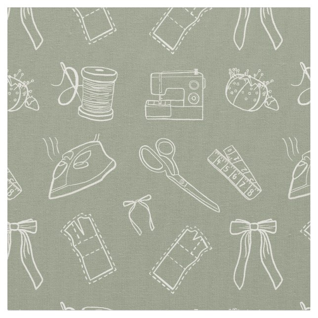 Tela Grey Green Sewing Themed Pattern (De cerca)