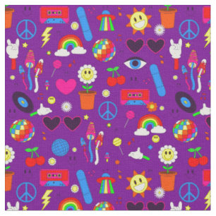 Tela groovy disco daisy mushrooms morado