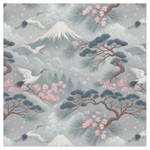 Tela Grúas Japonesas y Flor de Cerezo Patrón Mt Fuji