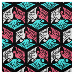 Tela Grullas Japonesas, Coral, Turquesa y Negro