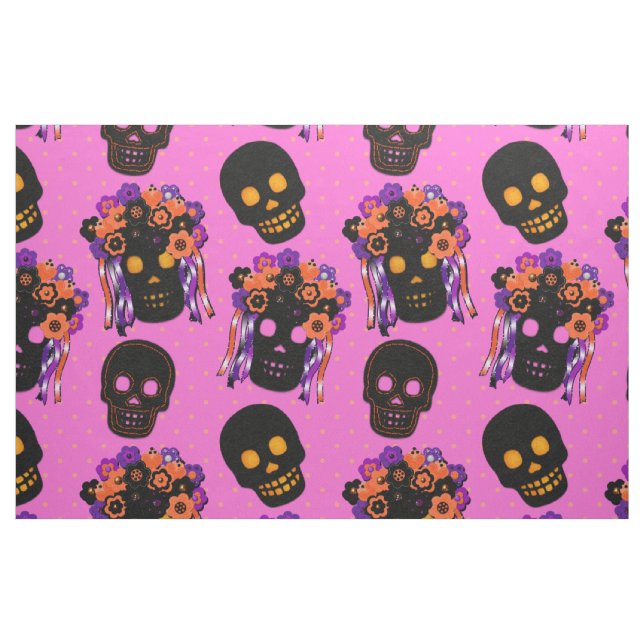 Tela Halloween con cráneo de flores rosadas y negras ("Cuarto gordo" (fat quarter))