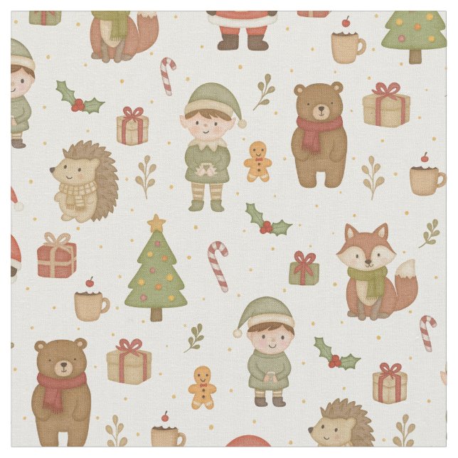 Tela Hand Drawn Christmas Woodland Fabric (De cerca)
