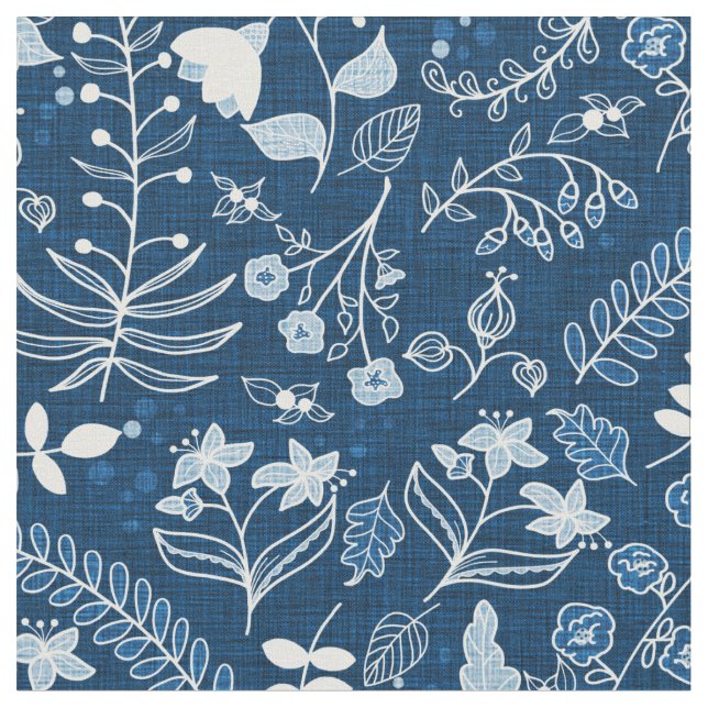 Tela Hand Drawn Classic Blue Boho Flowers (De cerca)