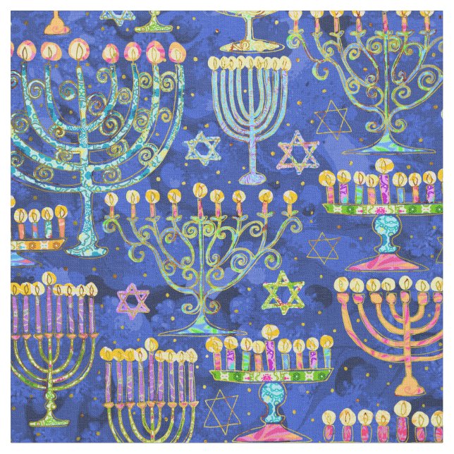 Tela Hanukkah Blue Gold Menorah Star of David Pattern (De cerca)