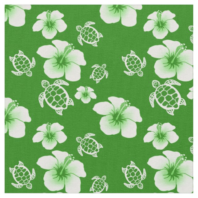 Tela Hawaiian verde de Honu del hibisco (De cerca)