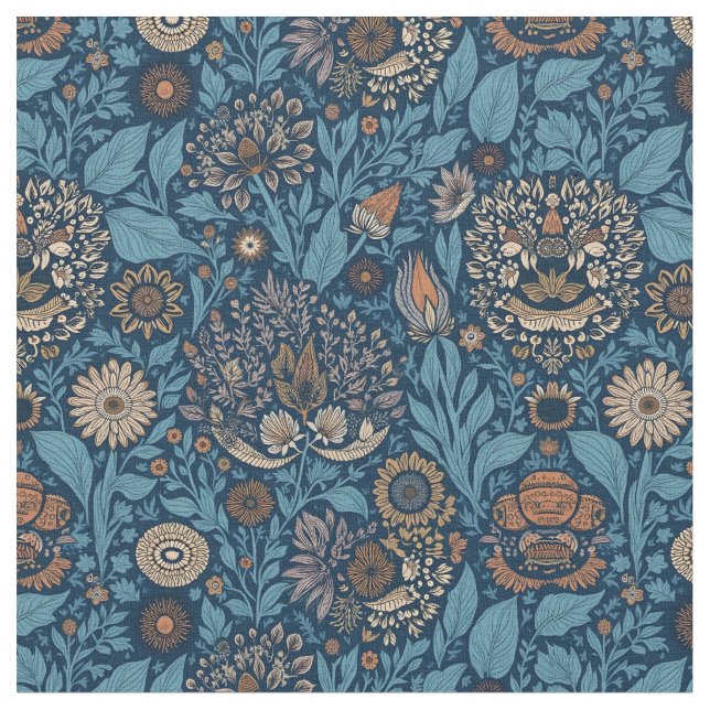 Tela Hermosa floral en azul y beige (De cerca)