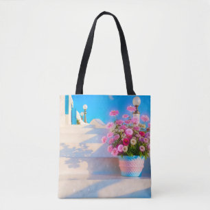 Tela Hermosas flores en bolso de asas de escaleras blan