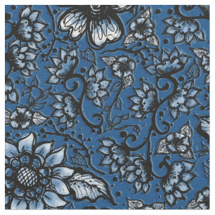 Tela Hermoso Floral Clásico Azul y Negro