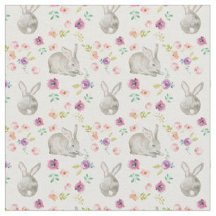 Tela  Hermosos conejitos y flores.Blanca.