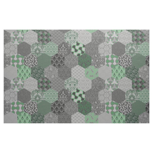 Tela Hexageres verde y gris ("Cuarto gordo" (fat quarter))
